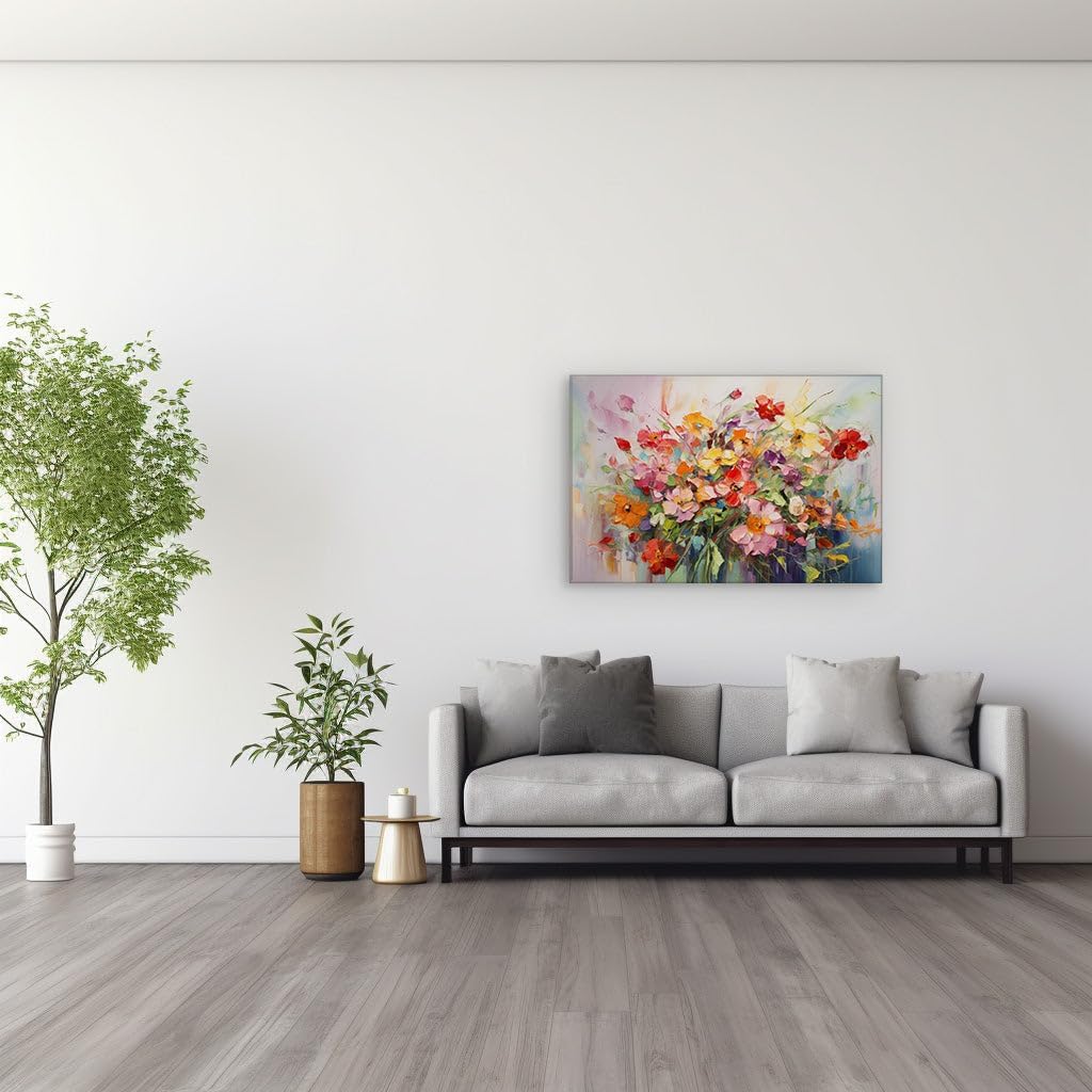 Canvas for Living Room. Blossoming Radiance: an Oil Canvas Dance of Vivid Hues, 27 x 18 inch Canvas Wall Art - Contemporary Masterpieces - Modern Home Decor