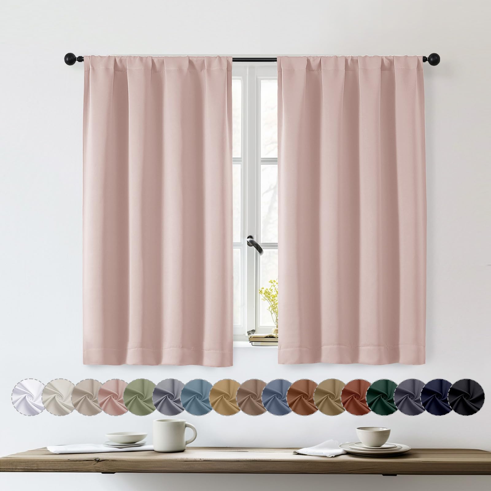 OWENIE Sally - Juego de 2 cortinas opacas cortas para dormitorio, sala de estar, 45 pulgadas de largo, ahorro de energía, aisladas, cortinas opacas para tratamiento de ventanas de baño, 2 unidades de OEKO-TEX STANDARD 100