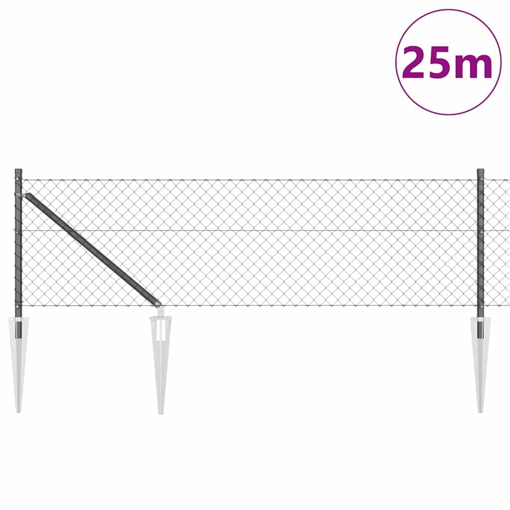 Recinzione a maglie con punte in acciaio zincato da 25 metri, rete rigida grigia per giardini esterni, divisorio resistente, pannello recinzione in metallo e PVC per cortile e terrazzo