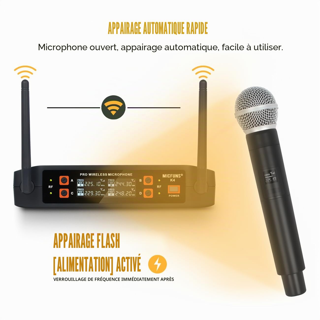 K4 4 Microphone sans fil à main pour KTV et chant sur scène (Noir)