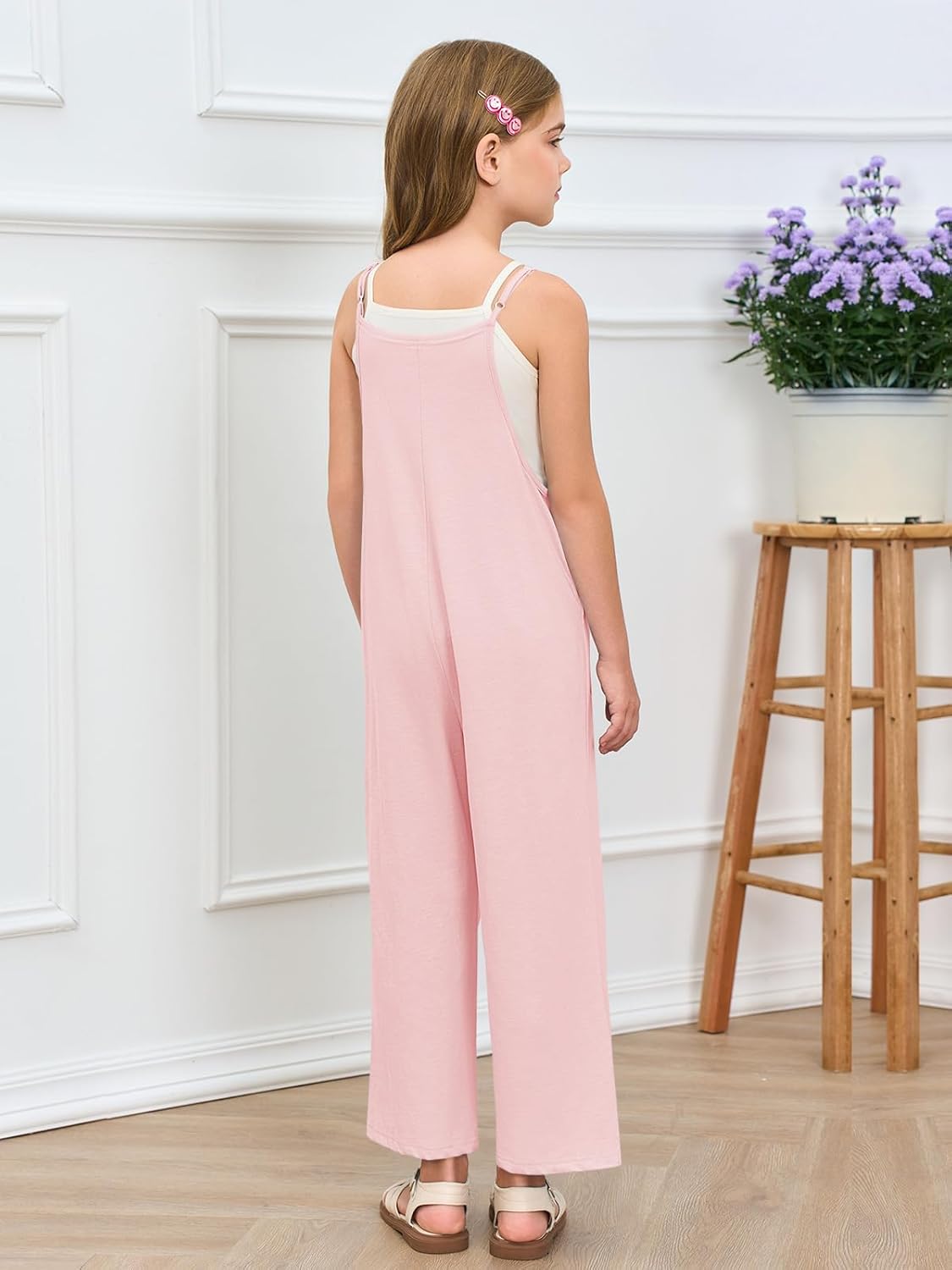 Haloumoning Girls Wide Leg Jumpsuit Kids Casual Sleeveless Romper Spaghetti Strap Overalls with Pockets and Side Slit - Image 5