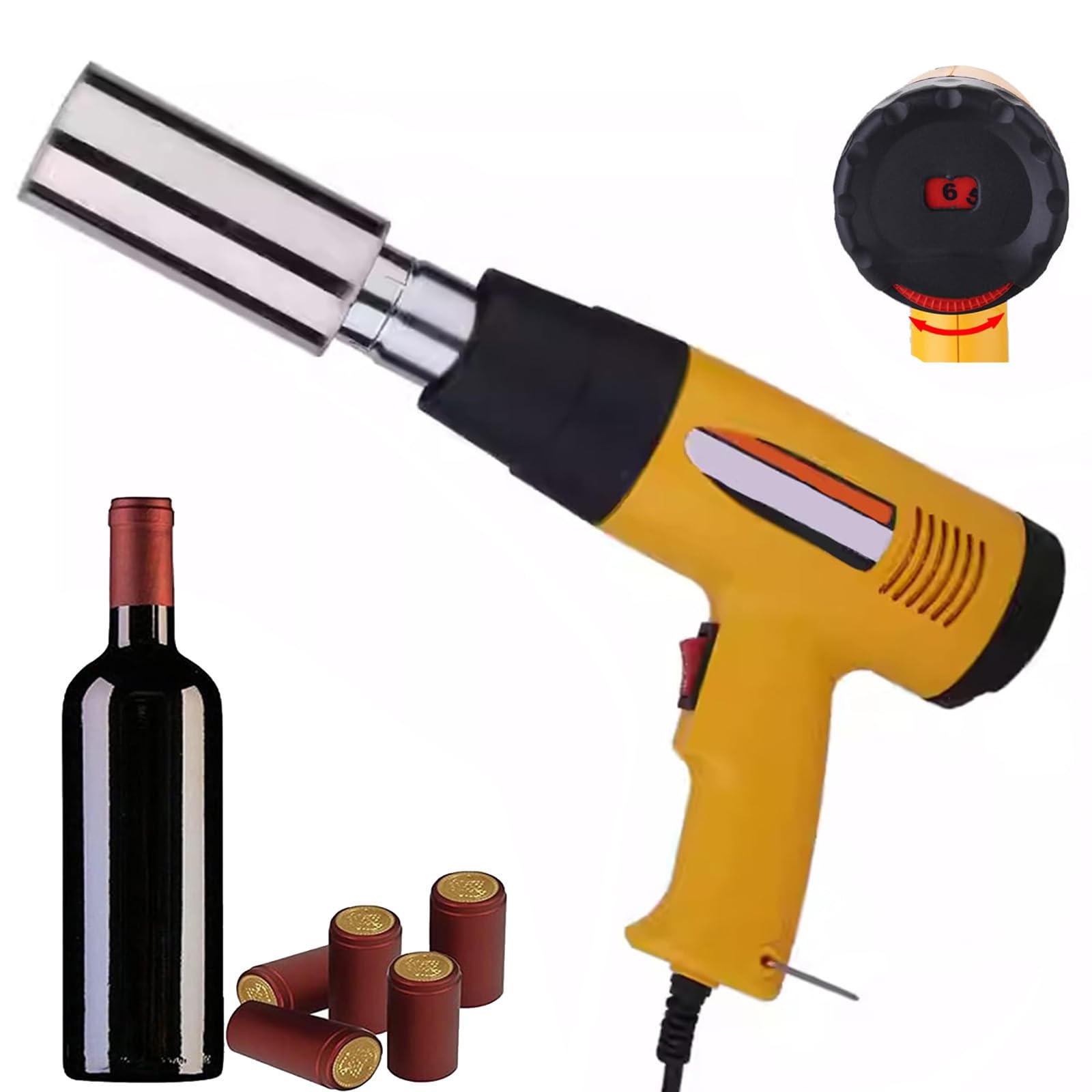 YXYLJOZ Handheld Heat Shrink Gun, 45mm PVC Capsule Heat Shrinker with 50-550°C Adjustable Temp & 9 Levels, 1500W Wine Bottle Cap Sealer for PVC, PP, POF Capsules