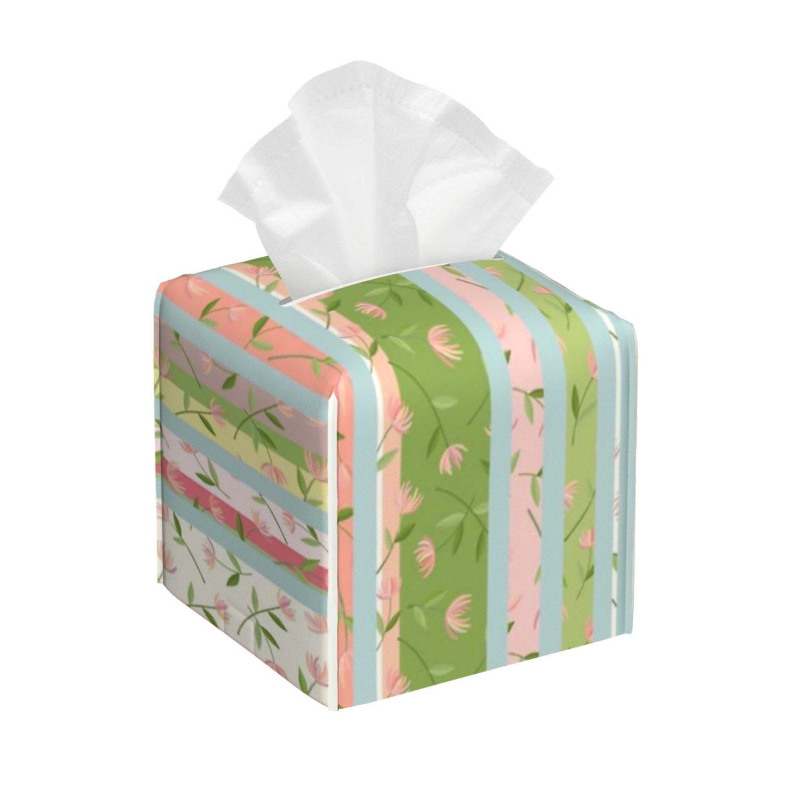Floral Stripes Tissue Box Cover 5" Square Leather Tissue Holder Facial Tissue Case for Tabletop Bedroom Bathroom Desk Decor