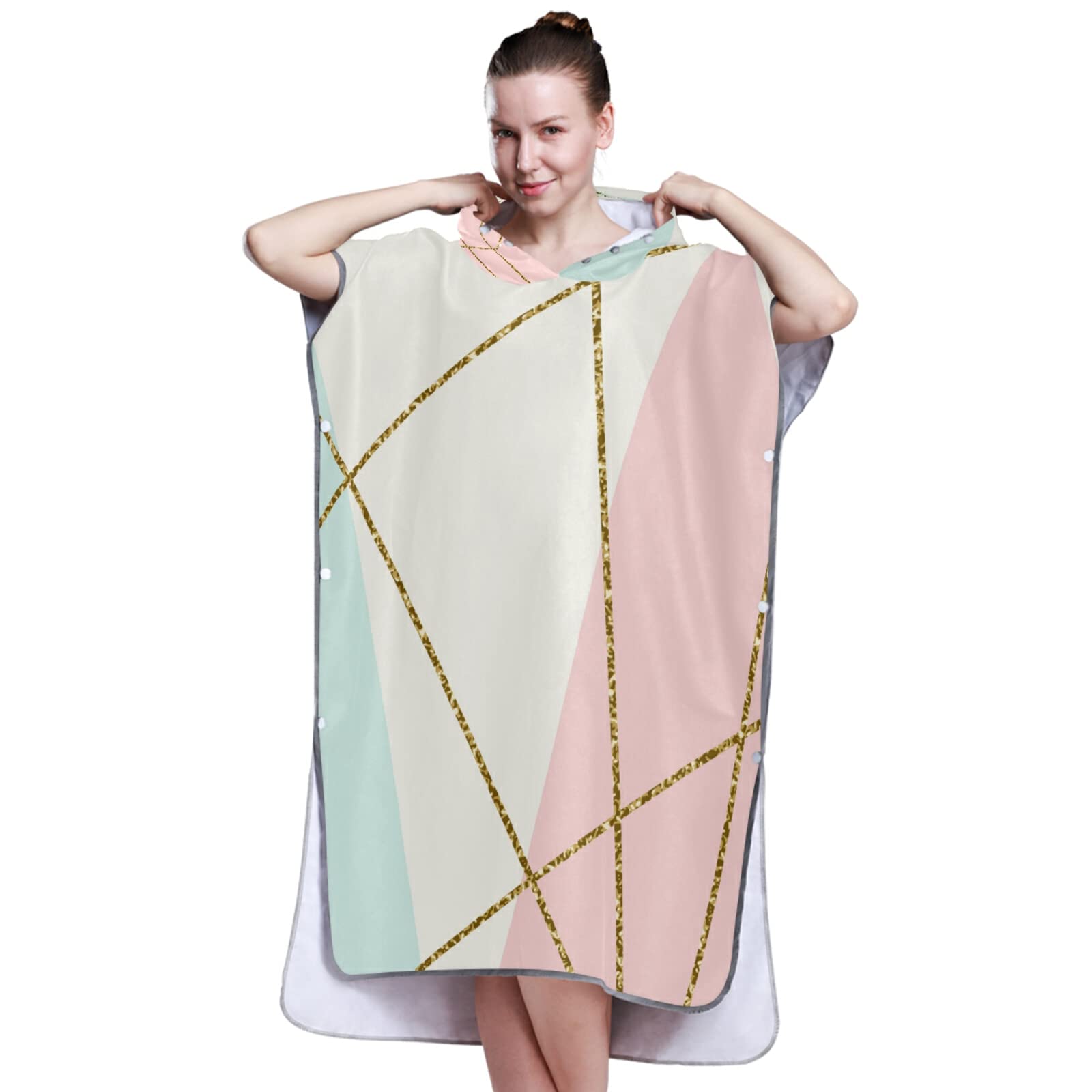 Surf-Poncho, Wickelmantel mit Kapuze und Tasche, schnelltrocknender Bademantel, Mikrofaser-Handtuch, Neoprenanzug für Bad, Strand, Outdoor, Gold, Glitzer, geometrisches Muster auf Türkis, Weiß, Rosa
