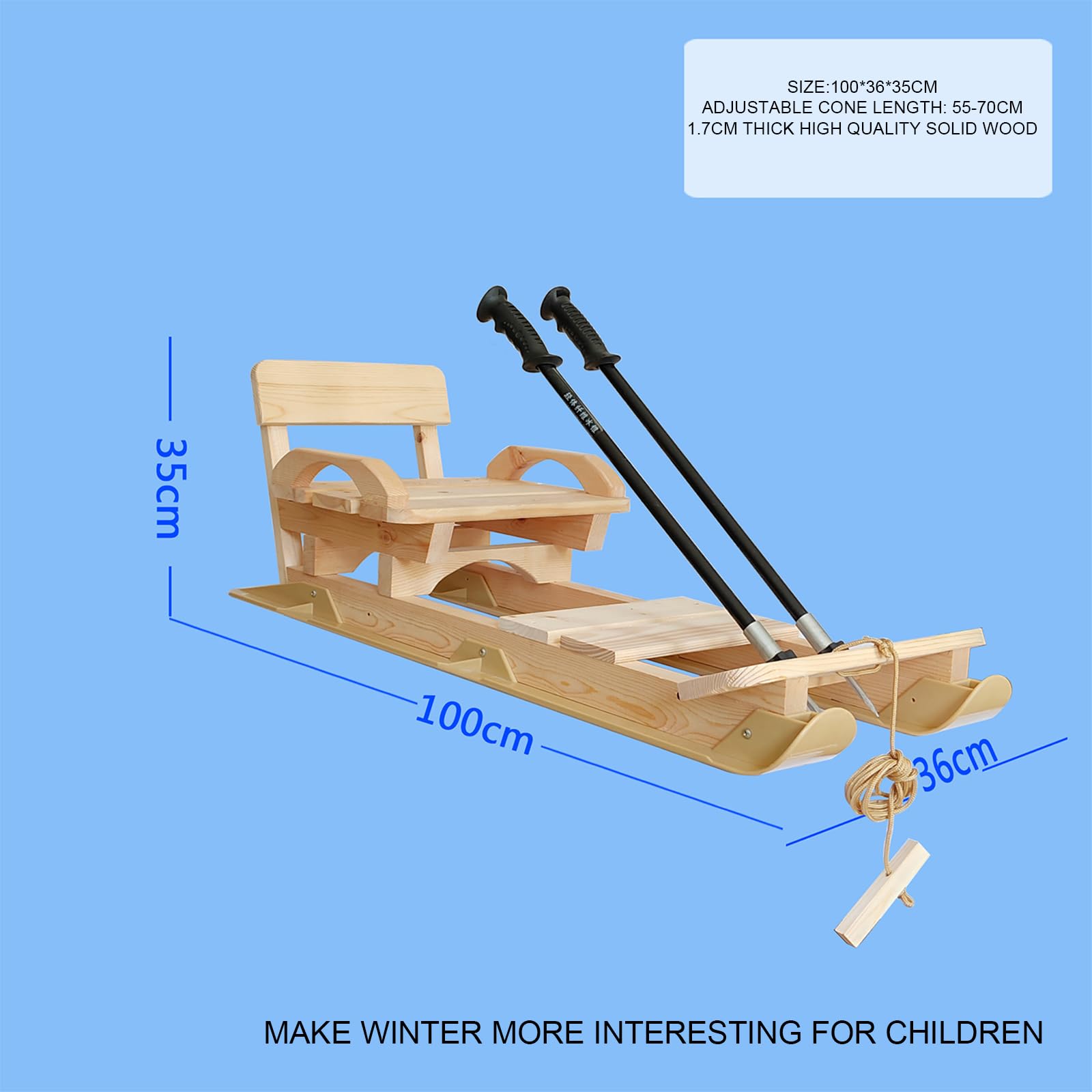 Luge à neige, pour enfants et adultes, luge à neige en bois pour enfants avec dossier et corde de traction, planche de ski en bois, planche à roulettes pour la neige en plein air, planche de ski