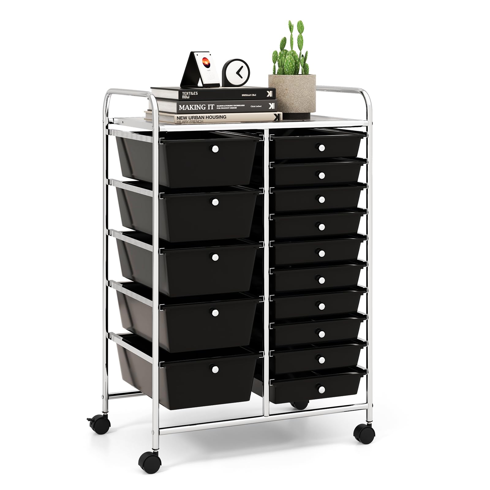 LDAILY 15 Drawer Rolling Storage Cart, Rolling Cart with Drawers for Classroom, Art Supply Craft Organizer on Wheel with Metal Frame &amp; Handles for Home Office School