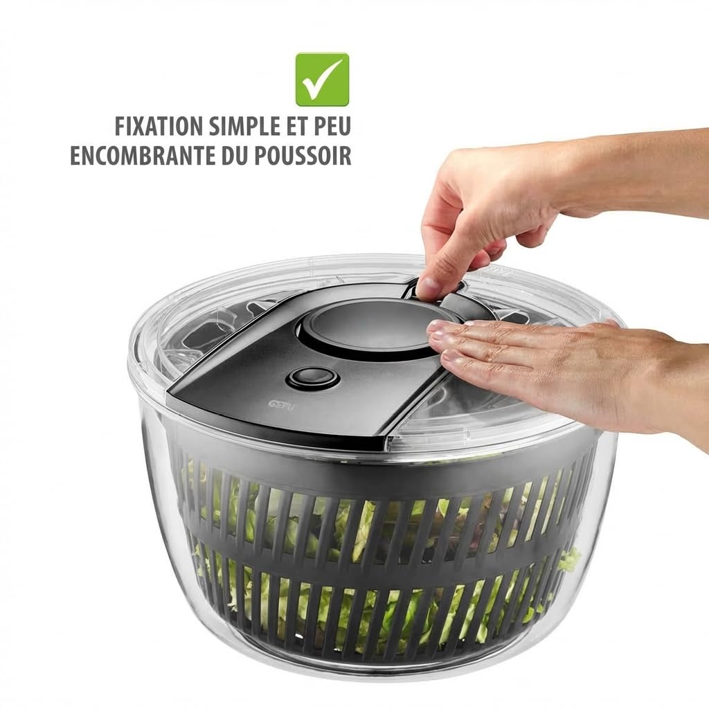GEFU Essoreuse à Salade Rotative 5L - Sèche-Laitue avec Mécanisme Push | Bol de service transparent avec bouton stop, anneau antidérapant et passoire amovible, compatible lave-vaisselle
