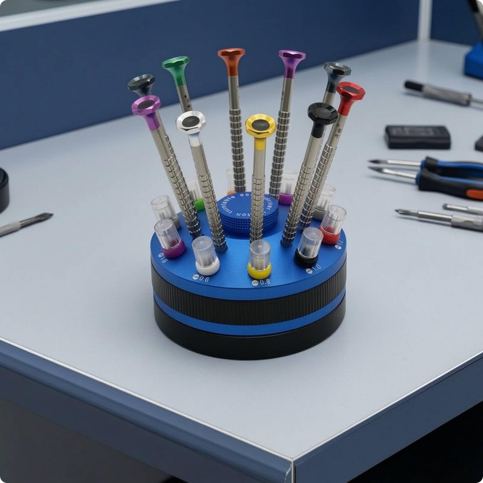 Kit stornilladores con Soporte Giratorio Metálico Kit Reparación Electrónica Antislizante Herramientas para Aficionados, Azul