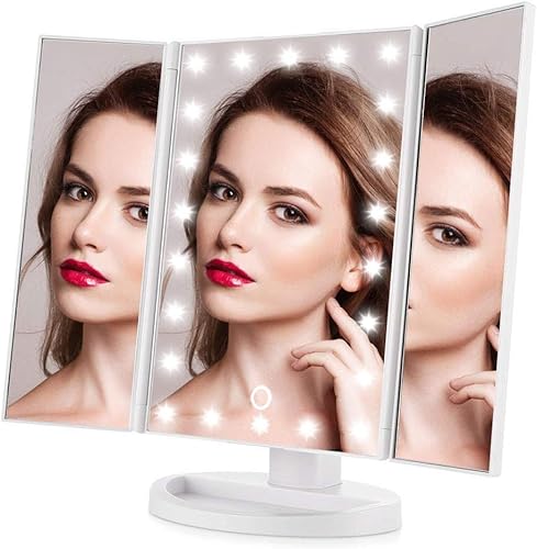AkosOL Espejo de tocador iluminado de tres pliegues con 22 luces LED, atenuación de pantalla táctil, espejo de aumento 10X, 3X, 2X, 1X, dos modos de