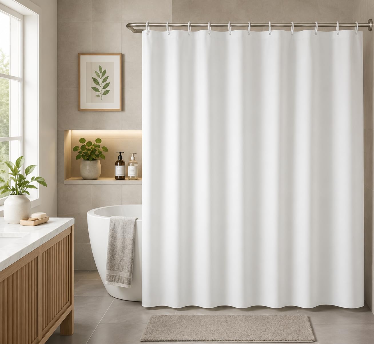 homewards White Water Repellent PVC Shower Curtain (6ft x 6ft) 180cm x 180cm with 12 Hard Plastic Hooks-image-27
