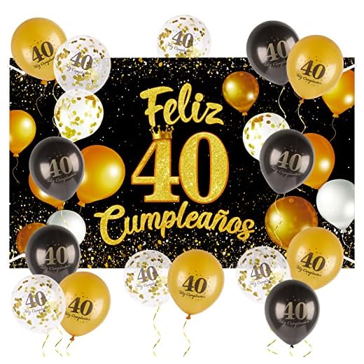 40 Años Decoración Pancarta Grande Feliz 40 Cumpleaños Español + 15pcs Globos Photocall 40 Cumpleaños Fiesta Cartel Oro Negro