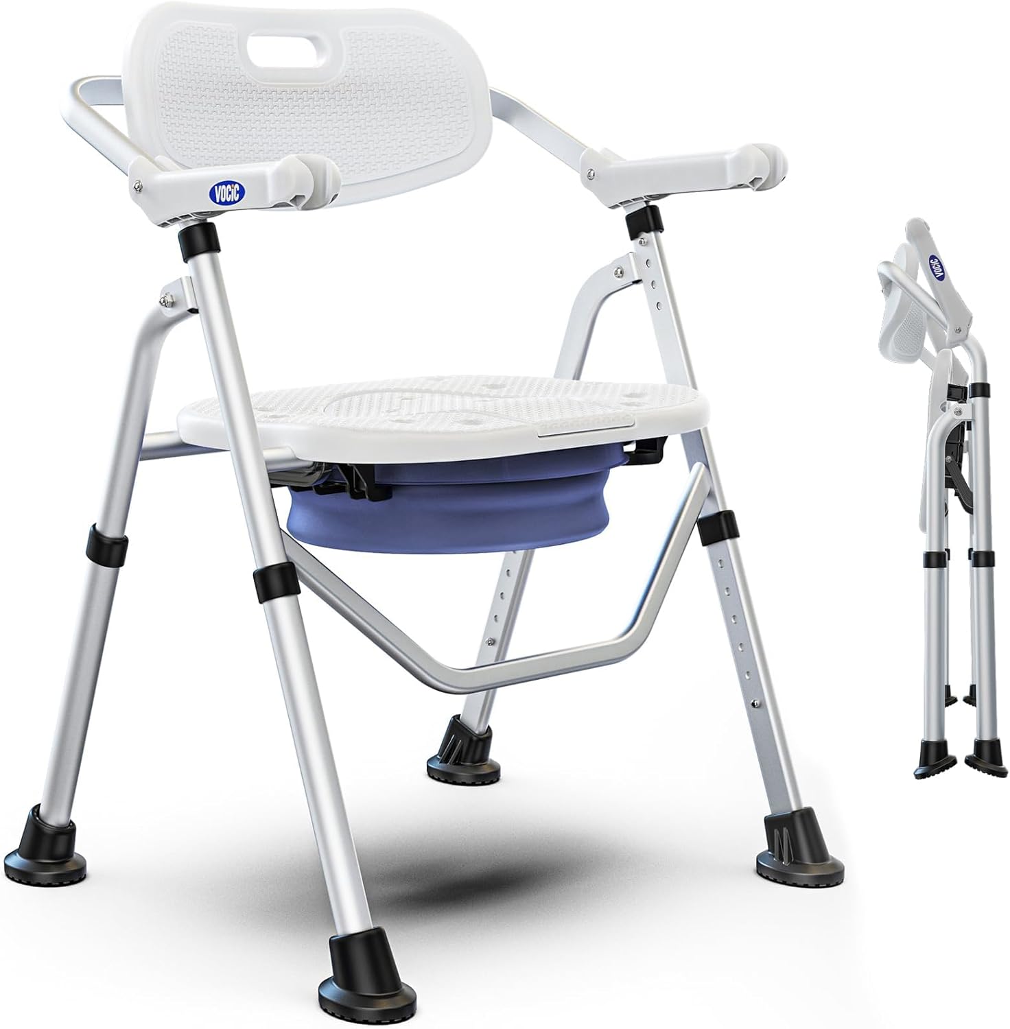 VOCIC Folding Shower Chair for Inside Shower, Lab-Tested 300lbs Heavy Duty Shower Seat for Elderly & Disabled, Flip-Up Arms, Cutout Seat, Height Adjustable Back & Legs, Portable Shower Commode Chair
