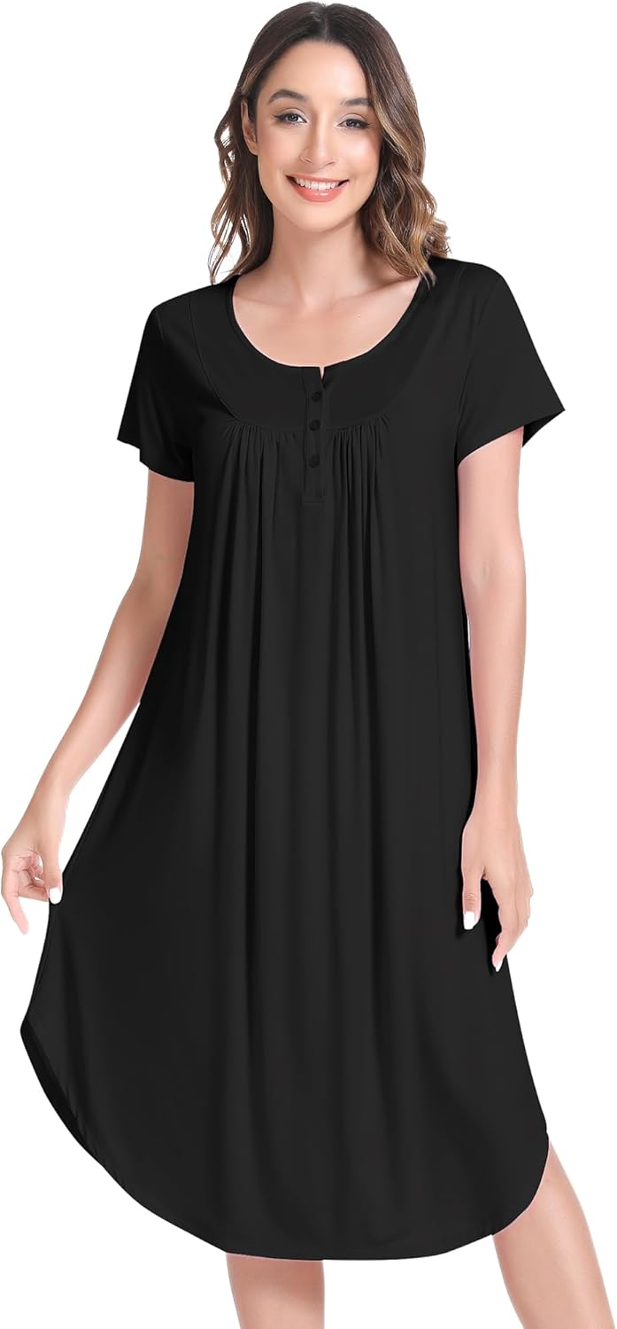 NACHILA Womens Nightgowns -Viscose Made from Bamboo,Soft Nightshirt Short Sleeve Sleepwear Pleated Sleepdress Cool Sleepshirt