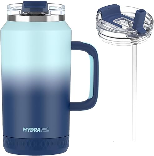 Hydraful Vaso de 64 onzas con asa y pajilla, 100% a prueba de fugas, vaso aislado reutilizable, botella de agua grande de acero inoxidable, taza de