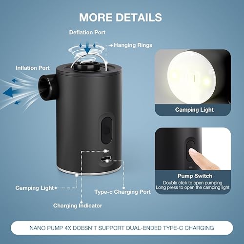 Miniatura 6 de Portable Air Pump for Inflatables, Ultra-Mini Air Mattress Pump 4X with 1600mAh Battery & Camping Light, USB Rechargeable Air Pump for Swimming