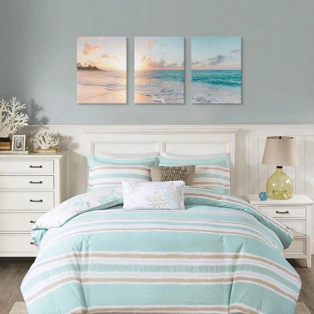 TZKBDMA Set di 3 quadri su tela con tramonto sull'oceano e sulla spiaggia, perfetti per decorare la camera da letto (70x100 cm x 3 pezzi/Senza cornice)