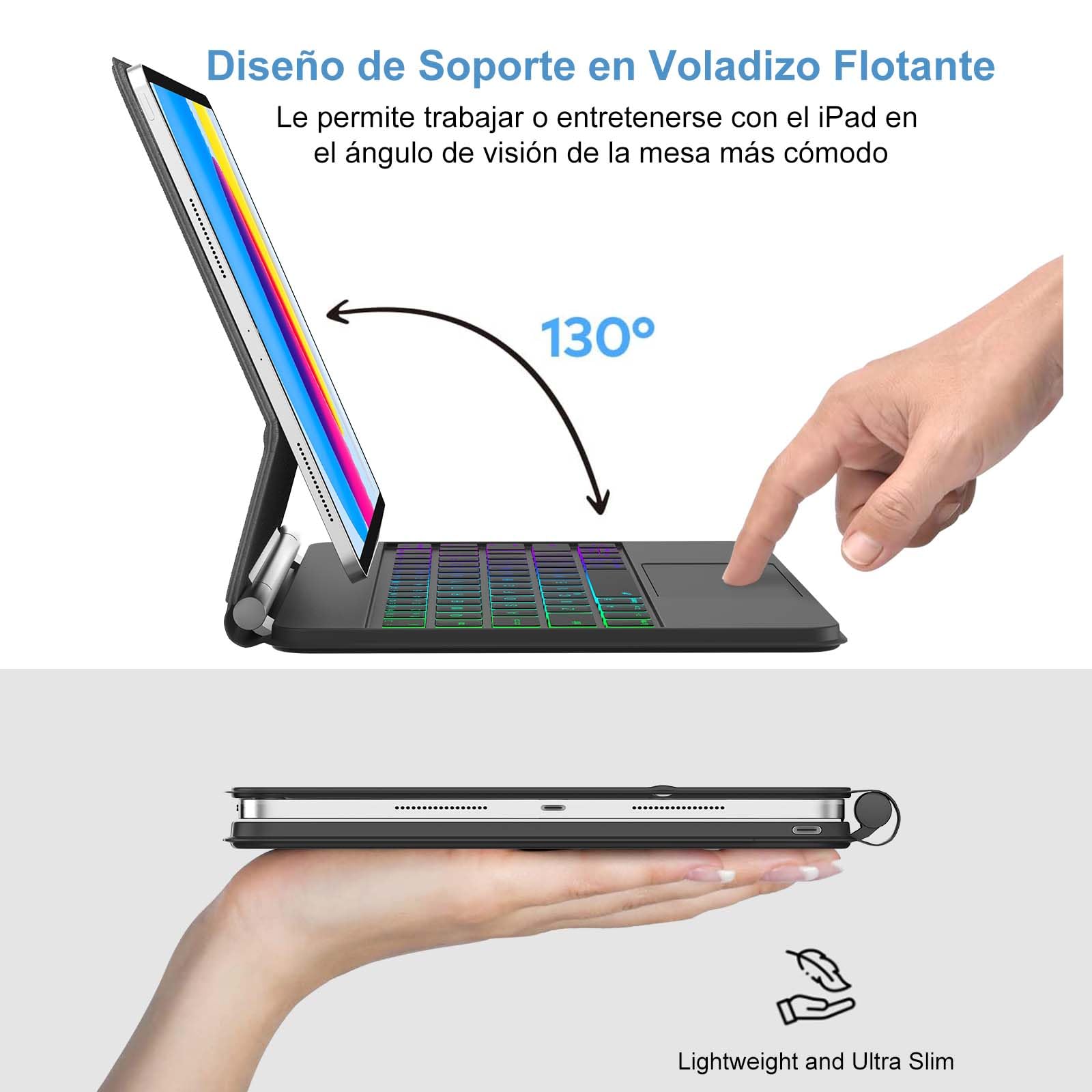 Magic Keyboard for iPad A16 11a Gen 2025/10a Gen 2022, Soporte Magnético Flotante y Panel Táctil Multitáctil de Precisión, Funda Teclado con Retroiluminado for iPad 10th/11th Gen 10.9/11 inch-Negro