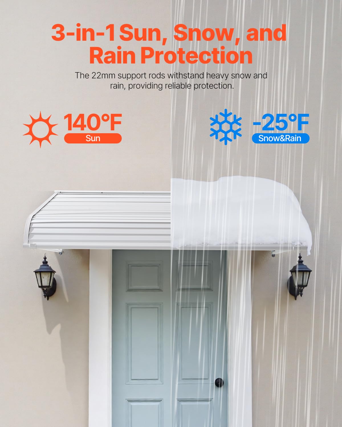 VEVOR Pensilina per Finestra Porta da 1524 x 1066 mm Tettoia per Porta Ingresso, Lega di Alluminio Antiruggine, Pensilina per Patio Esterno, per Protezione da Pioggia, Neve e Luce Solare