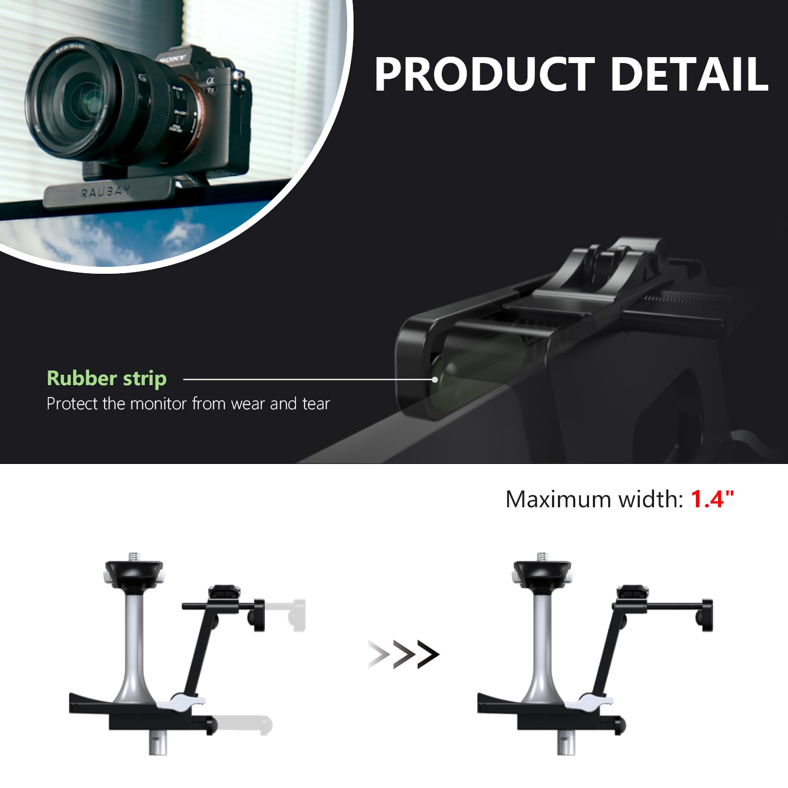 RAUBAY Supporto per fotocamera per monitor, morsetto per webcam da appendere con vite da 1/4", supporto superiore per monitor MILC per live streaming, ecc. Compatibile con monitor curvi, larghezza