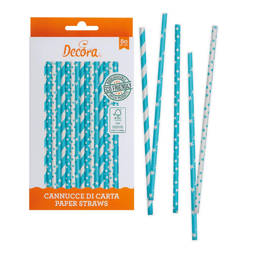 Decora Confezione da 80 Cannucce Stars&Pois Blue Sky Ø 6 X 210 mm, in carta biodegradabile, con inchiostro ad acqua, per dare colore ai tuoi party