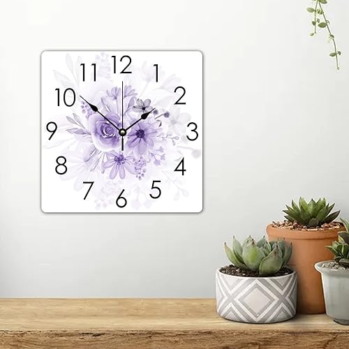 Miniatura 3 de Reloj de hora cuadrado de 15 pulgadas, funciona con pilas, silencioso, sin tictac, relojes colgantes de acuarela, rayos X, flores moradas, reloj de