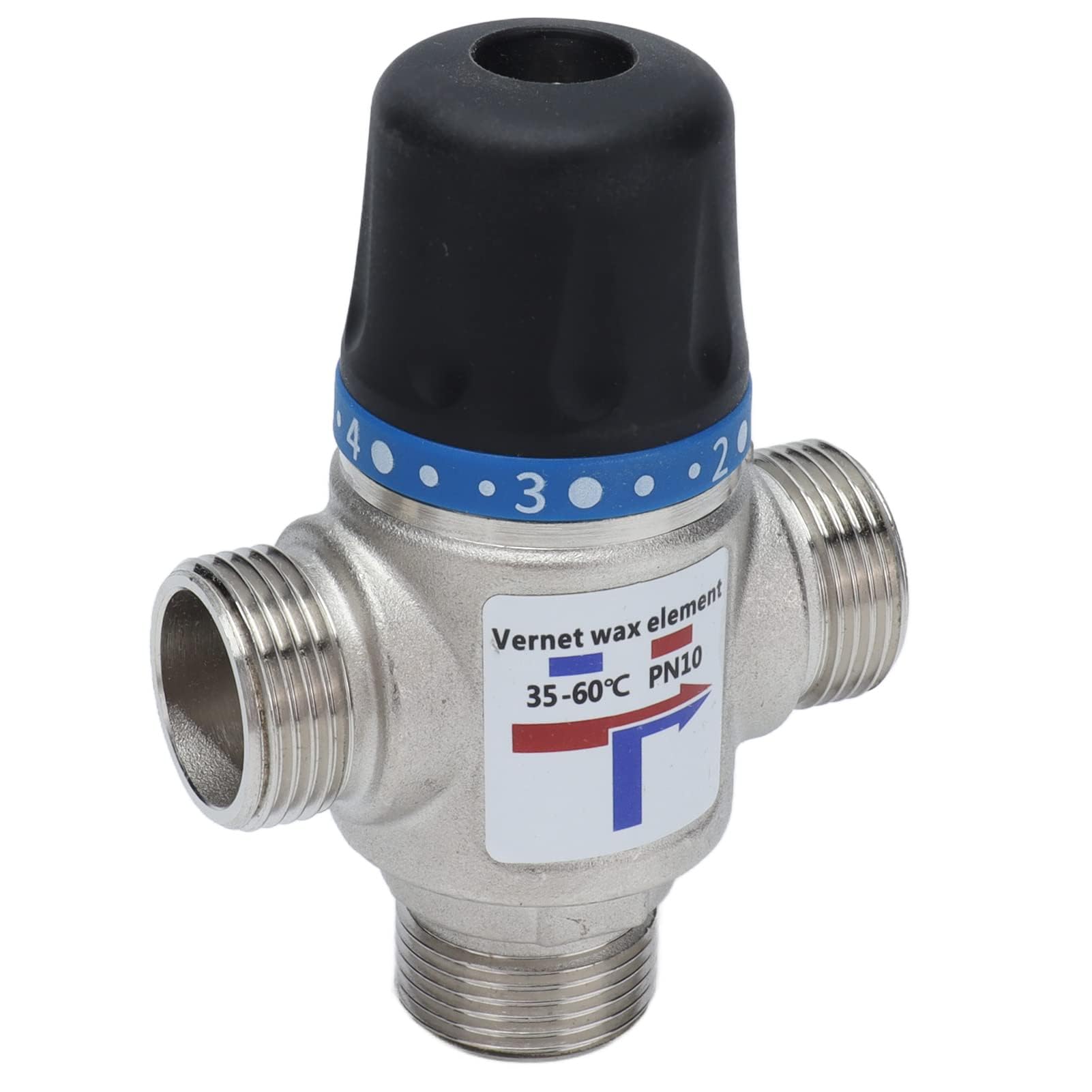 Valvola di Miscelazione Termostatica 3/4" a 3 Vie, Ottone Nichelato, Temperatura Regolabile 35-60°, Argento e Nero, Interruzione Automatica