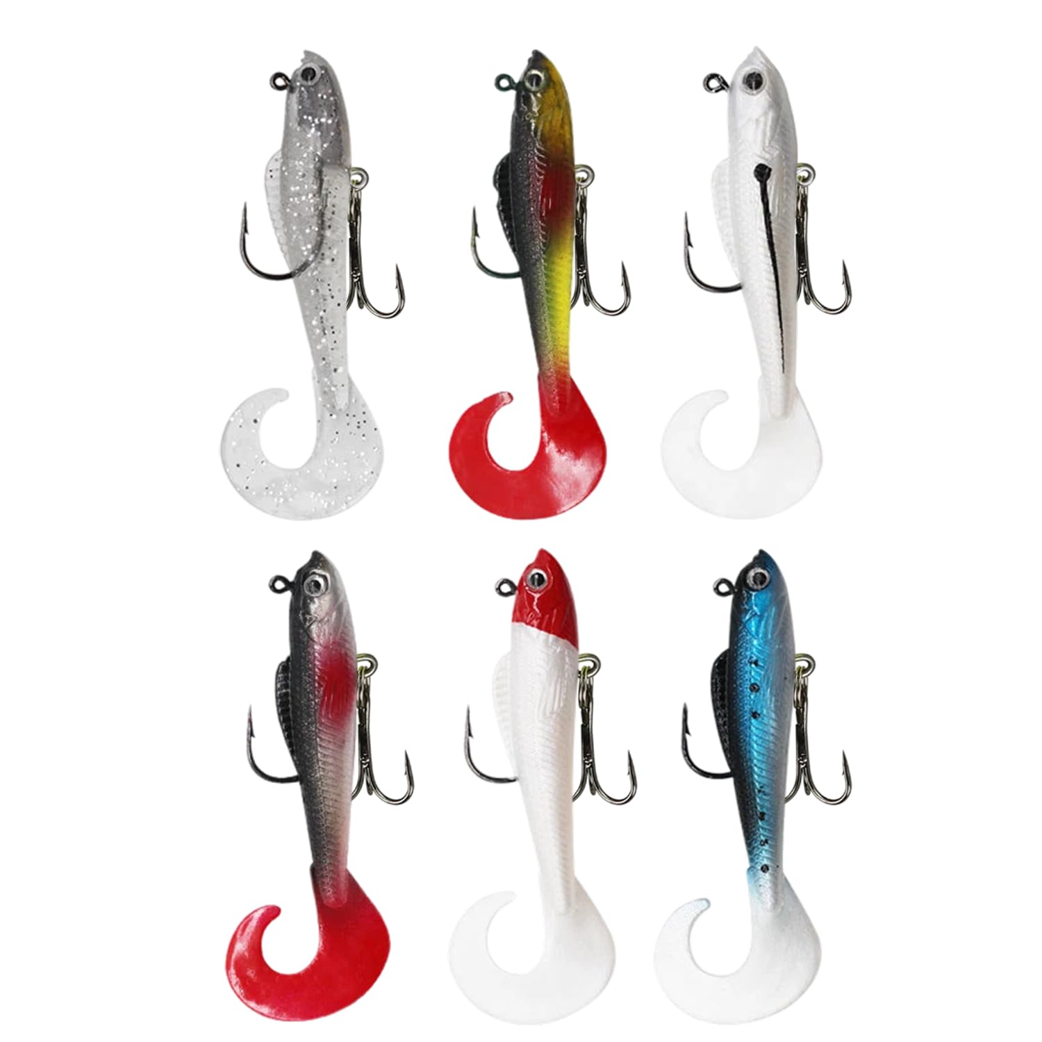 6 Pcs Soft Curl Tail Lures, Realistic Sea Fishing Lures for Bass, Pike, Trout, Perch