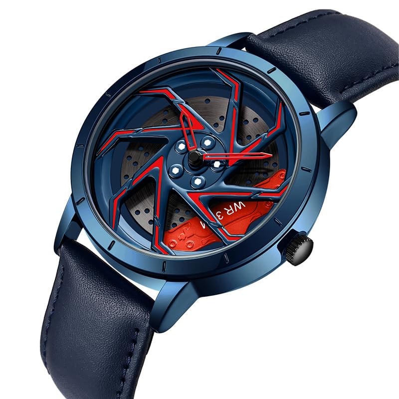 Image of FANMIS Men's Racing Car Wheel Watch 3D Spinning Dial Stainless Steel Watch | Creative 3D Spinning Car Quartz Large Skeleton Face and 30M Water Resistance Designed for Car Fans and Daily Wear.