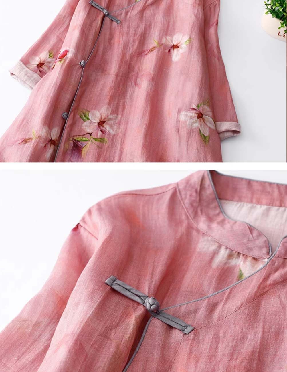 PRINCESS BRIDE Abito da cheongsam con maniche a 3/4 con stampa in lino estivo, abito vintage slim fit con spacco laterale A07