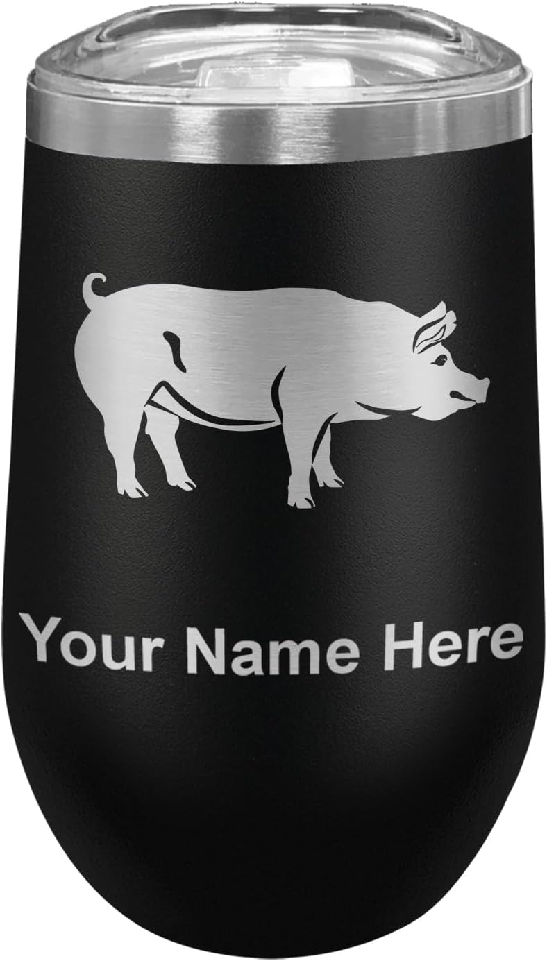 LaserGram 16oz Double Wall Stainless Steel Wine Glass Tumbler, Pig, Personalized Engraving Included (Black)
