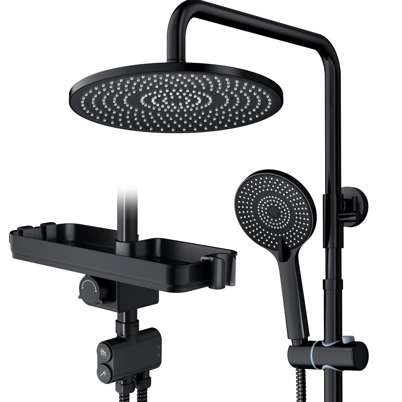 Duschsystem mit Ablage Schwarz, 25x25cm Regendusche, Umschalter aus Messing | Rainsworth 10 Zoll Duschsäule Duschset für Dusche ohne Armatur, Handbrause mit 3 Strahlarten, Rund