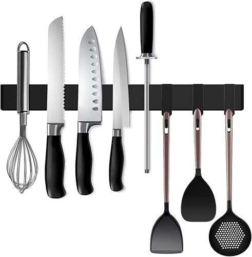 Tira magnética negra para cuchillos para refrigerador, soporte magnético de acero inoxidable de doble cara de 17 pulgadas con ganchos para