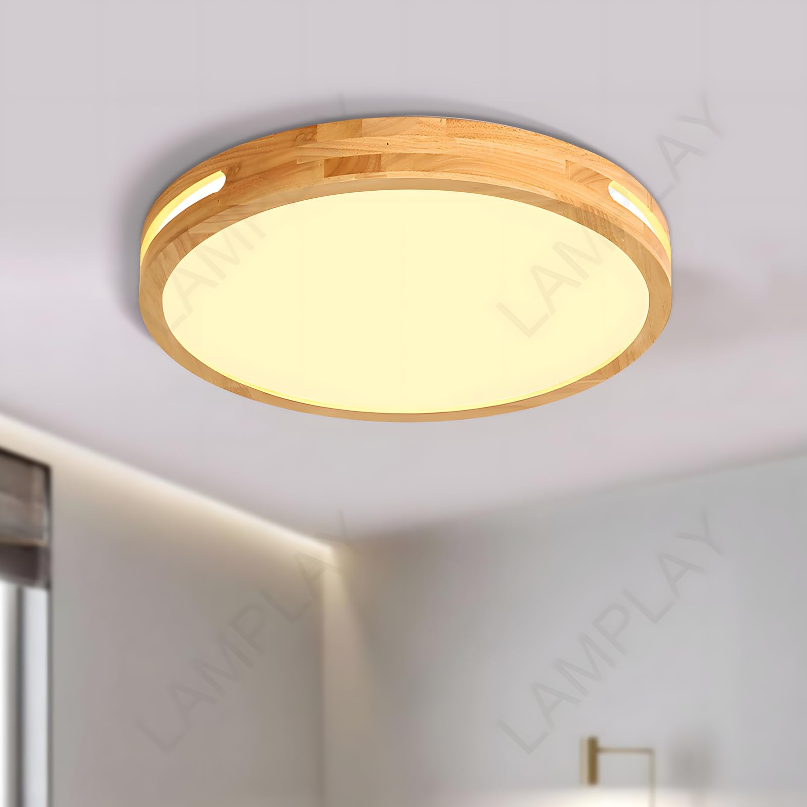 Lamplay Ø30cm-Warm Light 3000K(No Dimmable) Round Wooden Ceiling Lamp, Ø30cm Warm Light Led Lamp, Original Natural Wood 3000K 18W, Side Hollow Design, Bedroom Living Room Study Children's Room Kitchen Dining Room Corridor Entrance Hall