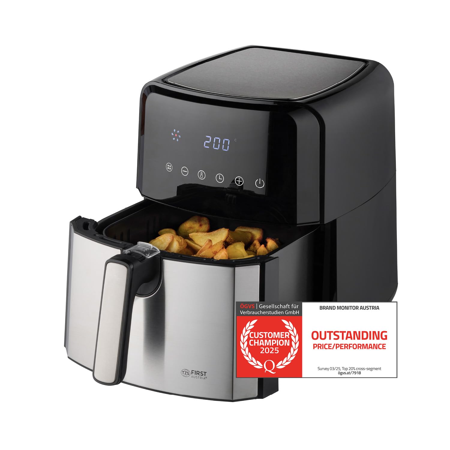 TZS First Austria Freidora de aire caliente 5 L | Cesta cuadrada de acero inoxidable antiadherente | Airfryer | 80-200 °C | Digital | 8 programas | 1700 W | Temporizador de 60 minutos