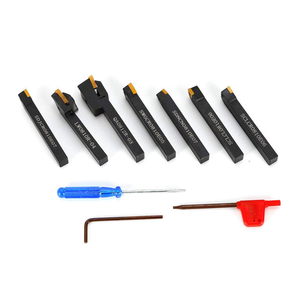 LANNADD Set di 7 pezzi di tornio, scalpello girevole con piastra girevole in acciaio, 8 mm, morsetto scalpello rotante, tornio, adatto per tornitura e acciai legati