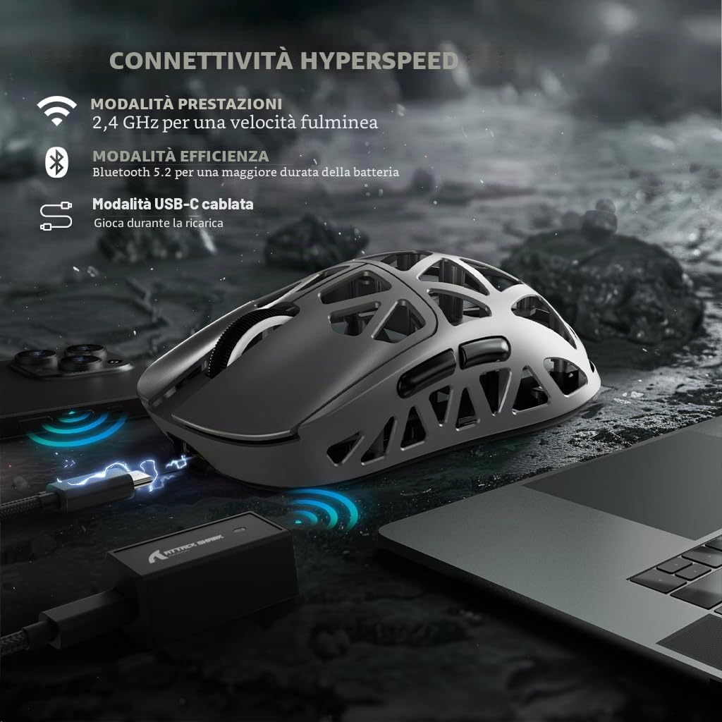ATTACK SHARK R2PRO 45g SUPERLIGHT Gaming Mouse in Lega di Magnesio, PixArt PAW3950, 42000DPI, Wireless 8000Hz Tasso di Polling, G502 Mouse da Gioco, 2.4G/BT/Cablato, con Cavo a Spirale, PC/Mac, Grigio