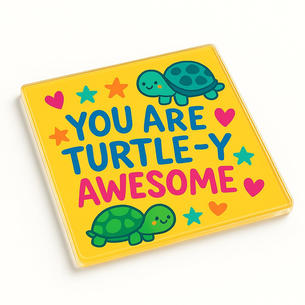 The Plum Penguin Turtle Tastic Joy Vibrant Acrylic Coaster Gift - Colourful Doodle Design With Motivational Quote For Fun Gatherings
