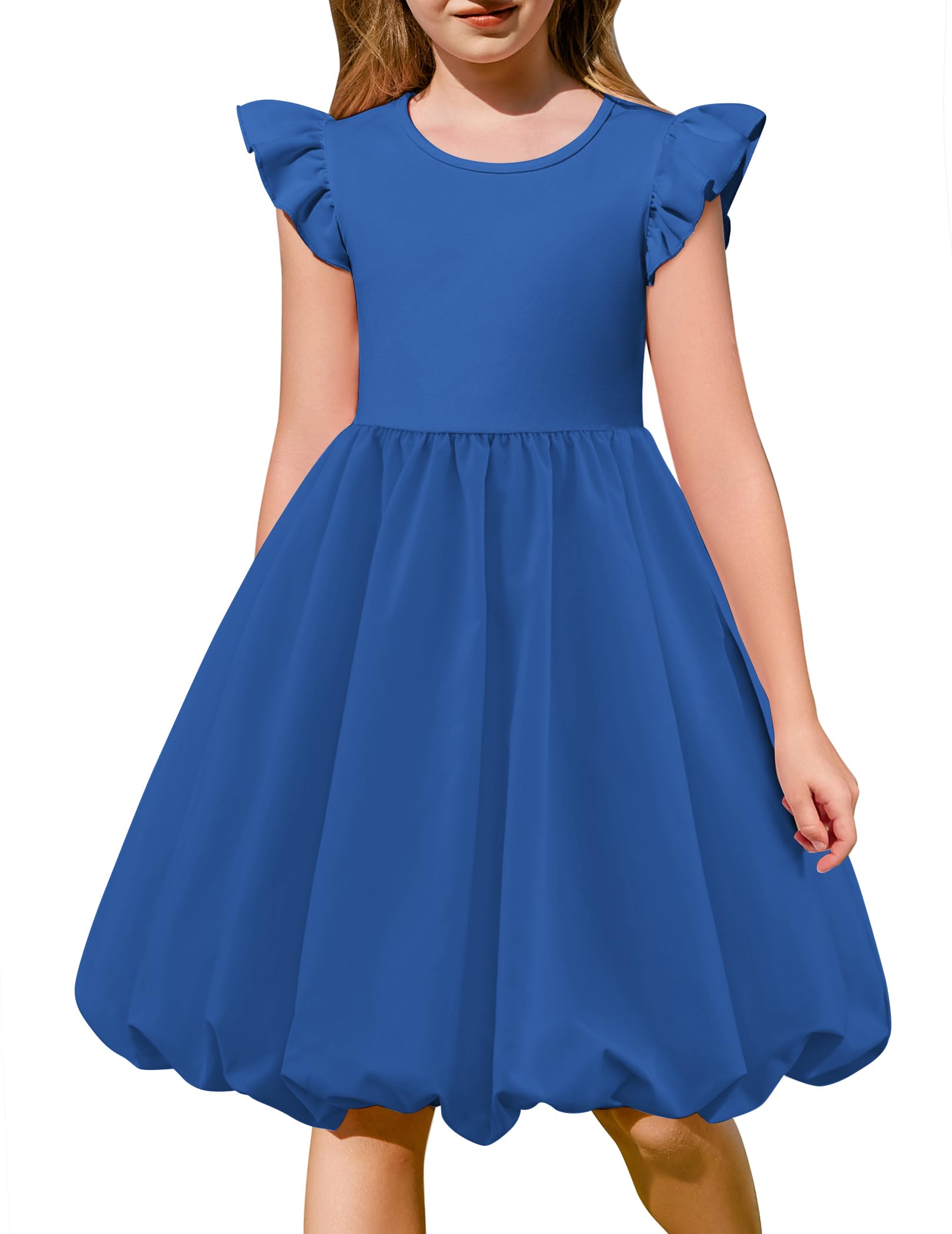 Arshiner Tween Girls Summer Bubble Dress Ruffle Sleeve Casual Party Midi Dresses