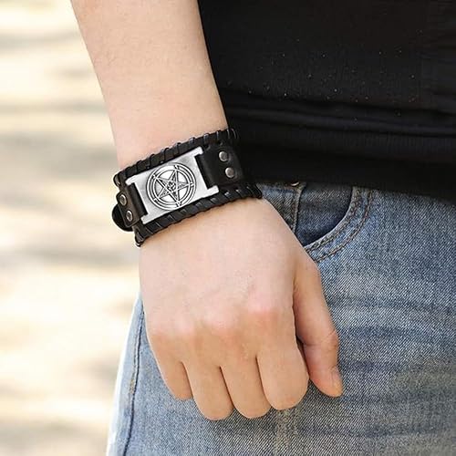 Miniatura 6 de Pulsera de cuero satánico, pulsera de cabeza de cabra satánica de baphomet de demonio, brazalete gótico de pentagrama invertido
