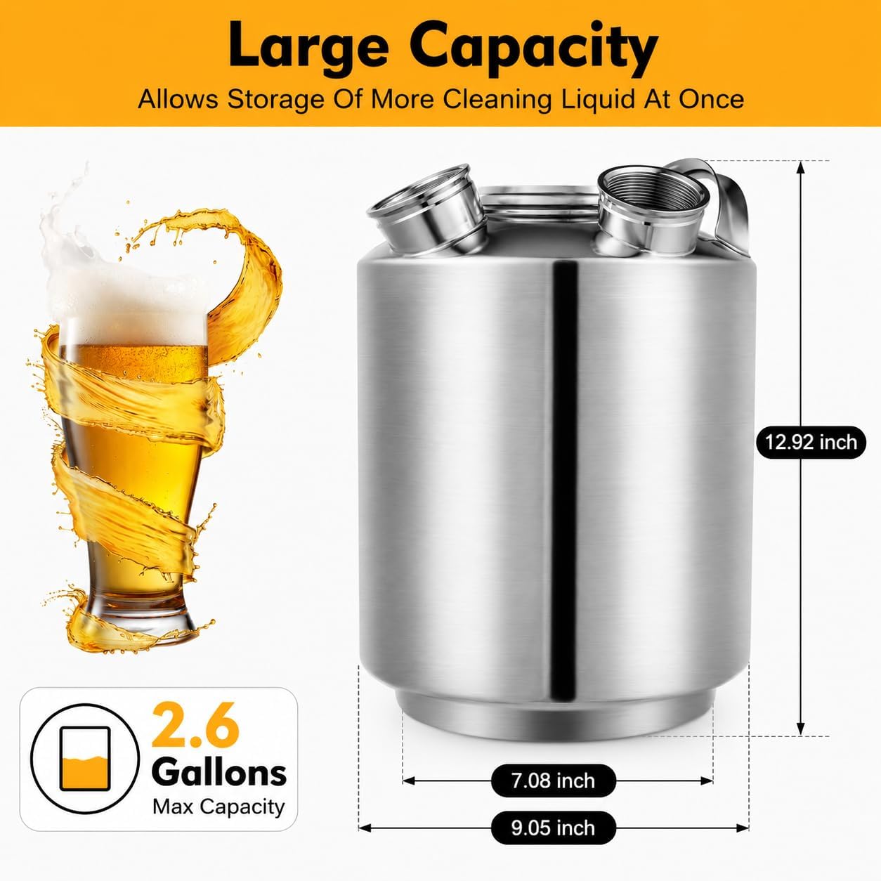 Barril de limpieza de línea de cerveza, acero inoxidable de 10 L, 3