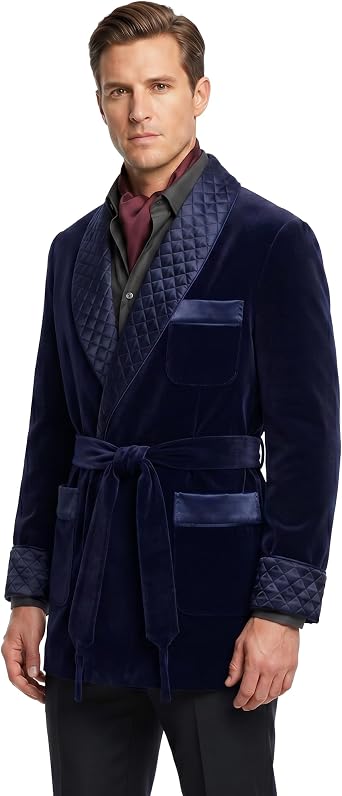 Mens Velvet Smoking Jacket Robe with Quilted Shawl Collar, Classic Lounge Dinner Jacket with Belt Luxury
