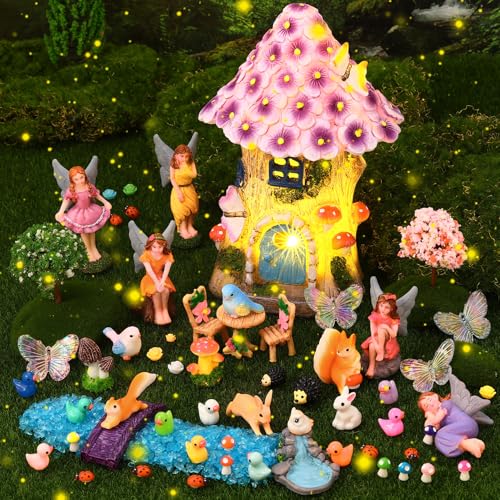 GGSTDDUP 70 Pcs Fairy Garden House Resin Kit Glowing Tree House Miniature Garden Fairy Animals Decor Mini Landscape Ornaments