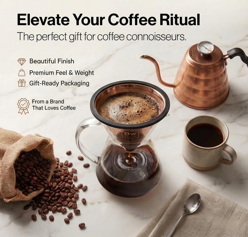 Barista Warrior Wiederverwendbarer Kaffeefilter – Edelstahl zum Übergießen, kompatibel mit Chemex, Hario V60 und Tropfern, leicht zu reinigen, aromatischer Kaffeefilter, feinmaschig, Kupfer