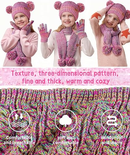 Kids Winter Gloves Hat Scarf Set for Cold Weather, Toddler Children Girls Fleece Lined Knit Pom Pom Beanie, Neck Warmer & Mittens Kids Christmas Gifts for Girls 3 4 5 6 7 8 Years Old - Rainbow3