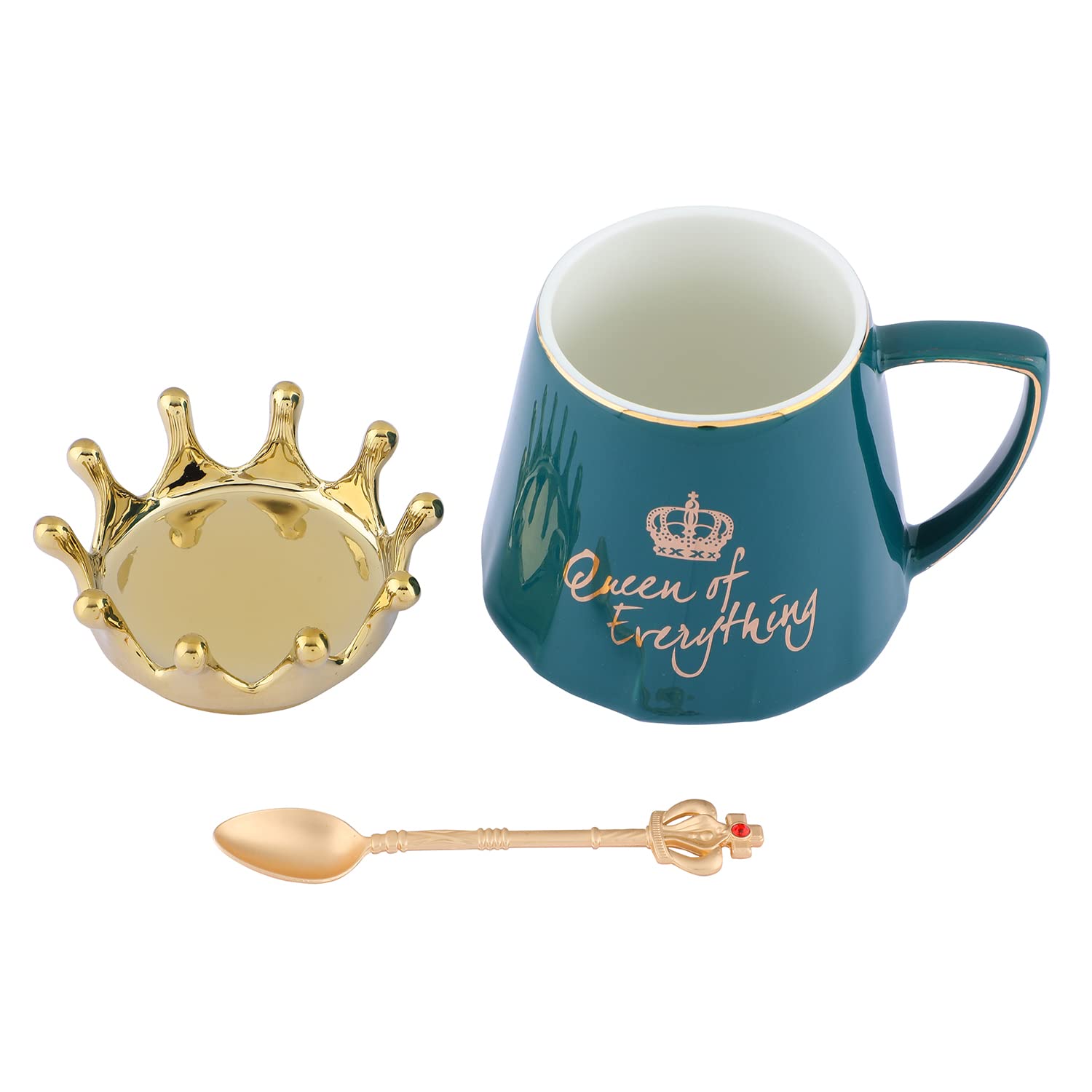 NYRWANA Coffee Mug, Birthday Gifts for Women, Mugs for Present, Rakshabandhan Gift for Sister, Ceramic Mug, Cute Coffee Mugs, Queen of Everything Mug with Golden Crown & Spoon (350ml-Green) 4