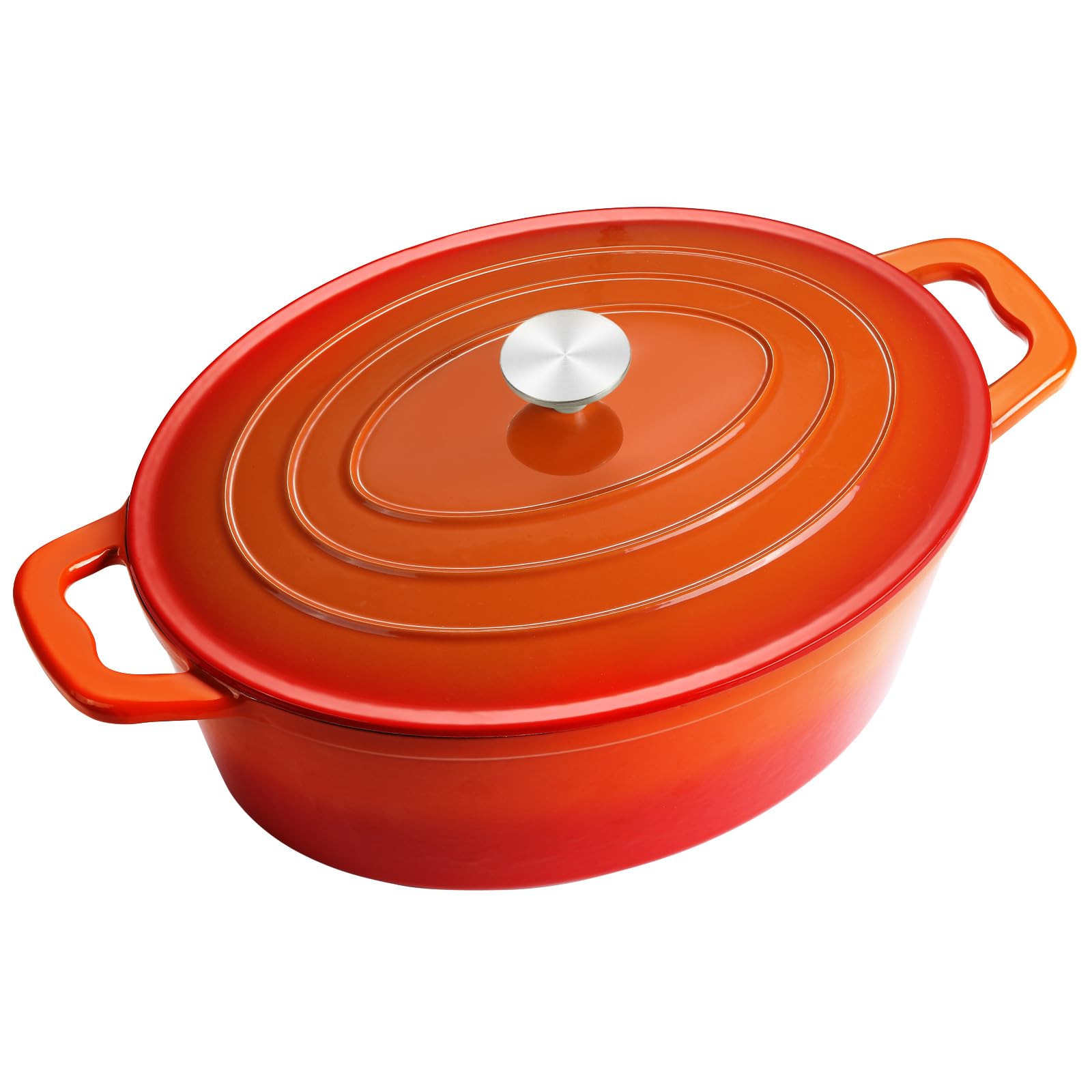 Żeliwny garnek do pieczenia z pokrywką, owalny garnek żeliwny 7,6 l, emaliowany, duży garnek do duszenia z pokrywką, do wszystkich rodzajów kuchenek indukcyjnych (pomarańczowy)