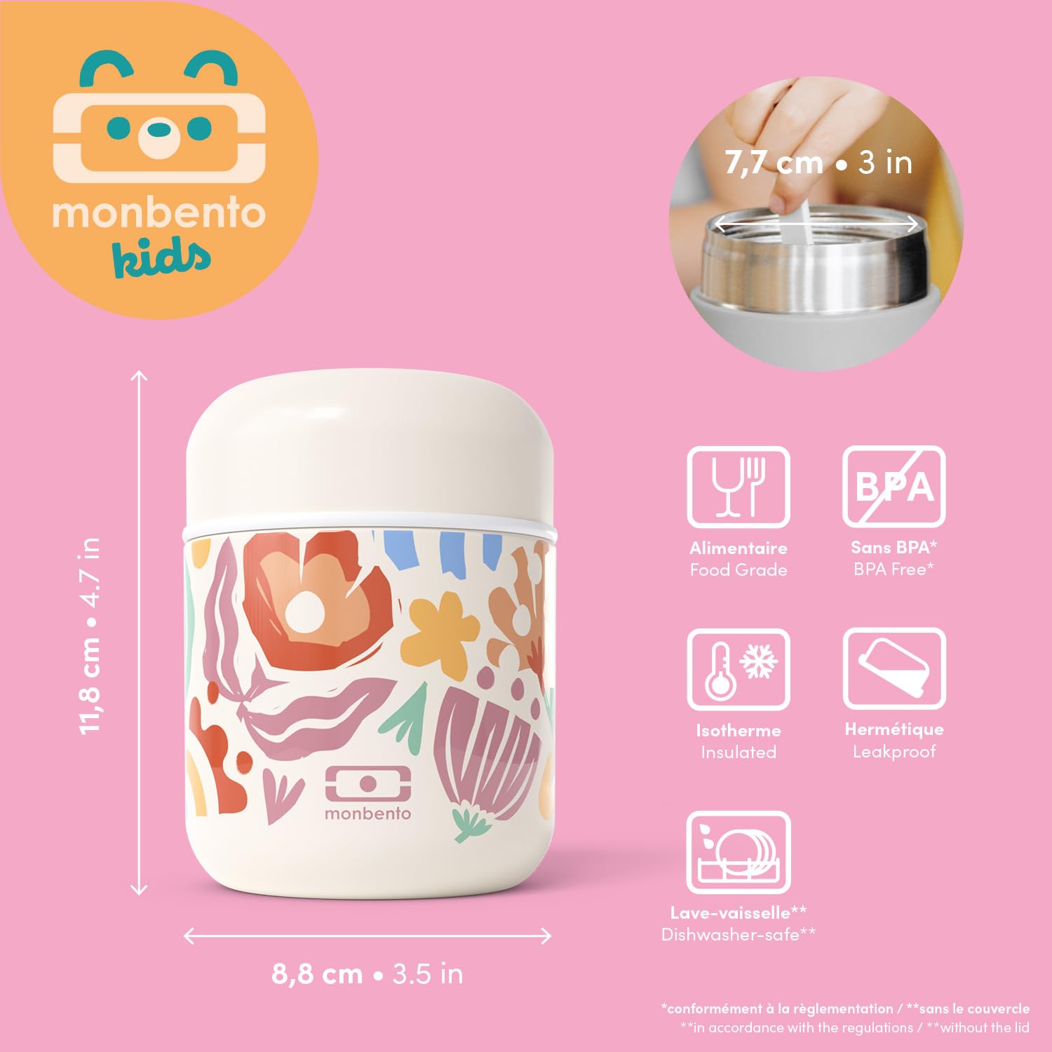 monbento Lunch Box Isotherme Enfant - Inox - Chaud/Frais jusqu'à 5h - 280ml | Petite Boîte Repas Hermétique - Idéal pour Travail/Ecole - sans BPA - Léger, Compact et Résistante - Idée Cadeau - Fleurs