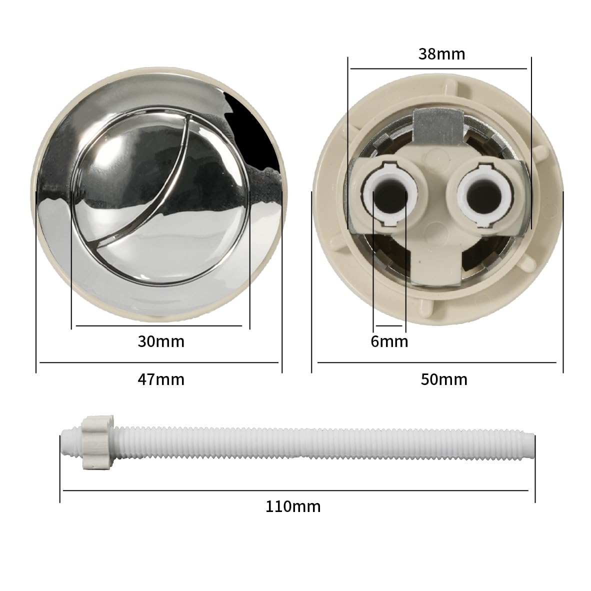 Pulsante Universale per Scarico WC 40 mm, Pulsante di Scarico per Doppio Scarico, Pulsante per Tanica Acqua con Diametro da 37-44 mm, Pulsante per Serbatoio per Bagno