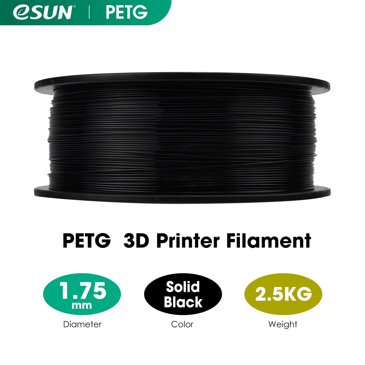 eSUN Filamento PETG 1,75 mm, filamento per stampante 3D PETG, precisione di misurazione +/- 0,03 mm, bobina da 2,5KG di filamento per stampanti 3D, Nero solido