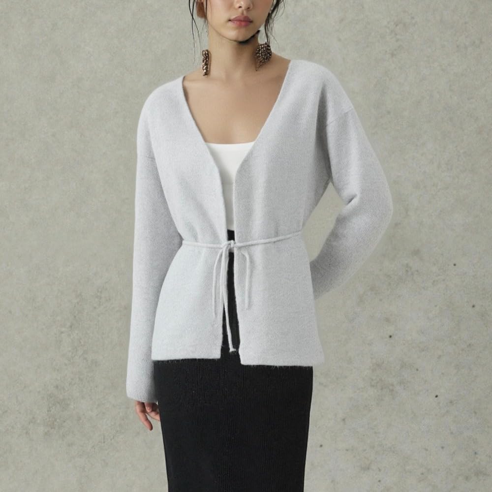 Womens Open Front Sweaters Long Sleeve V Neck Casual Knit Cardigan Trendy Chunky Outwear Coats with Tie Belt - Image 3